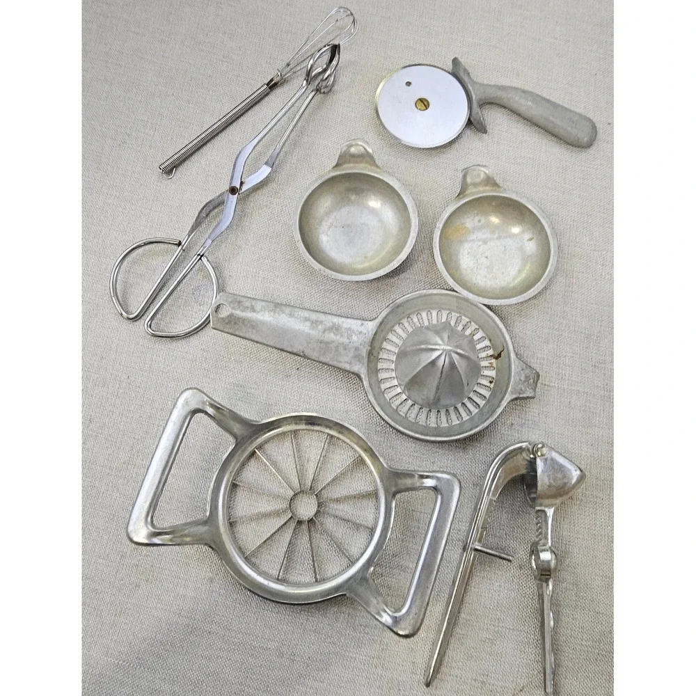 Vintage Aluminum Kitchen Tool Lot 8pc Juicer Apple Slicer Nutcracker Whisk Retro